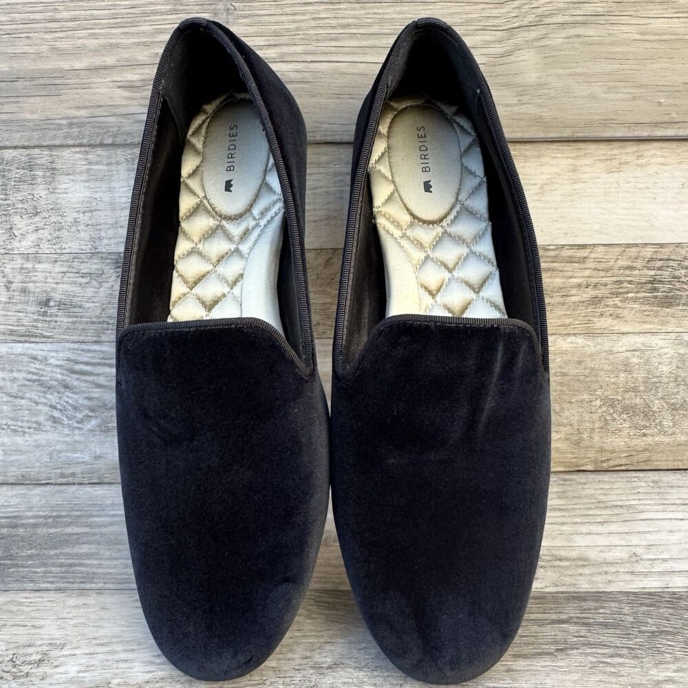 Birdies Starling Flats Womens Size 8.5  Black Velvet Slip-On Loafers Shoes